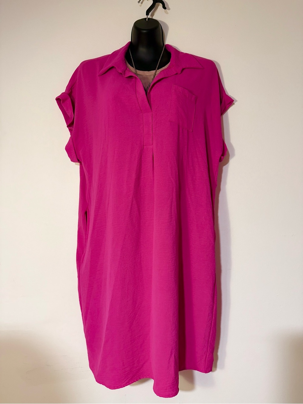 Hot Pink Collared Midi Dress w POCKETS